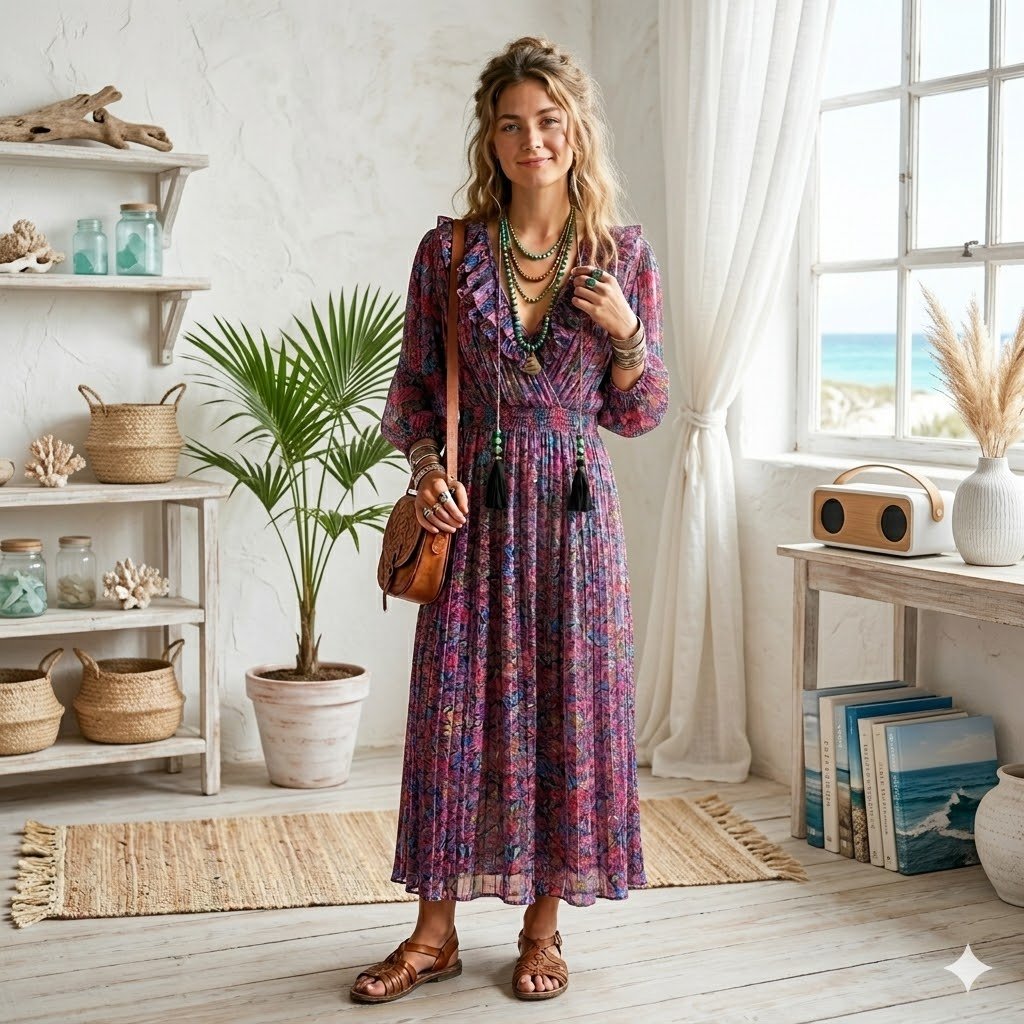 Vintage Diane Freis Boho Floral Pleated Georgette Midi Dress Open Sizing